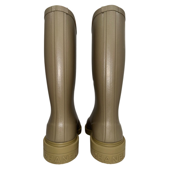 Chanel REV Dark Beige Moss Green White CC Logo High Pull On Rubber Rain Boots 42 - Picture 12 of 15